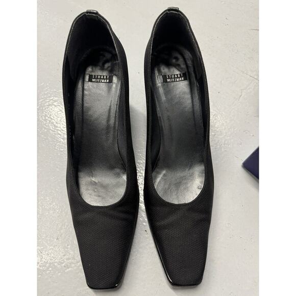 90s Stuart Weitzman Black Nylon Patent Pumps Heels Sz 10B | Wall Street Style - Picture 1 of 6